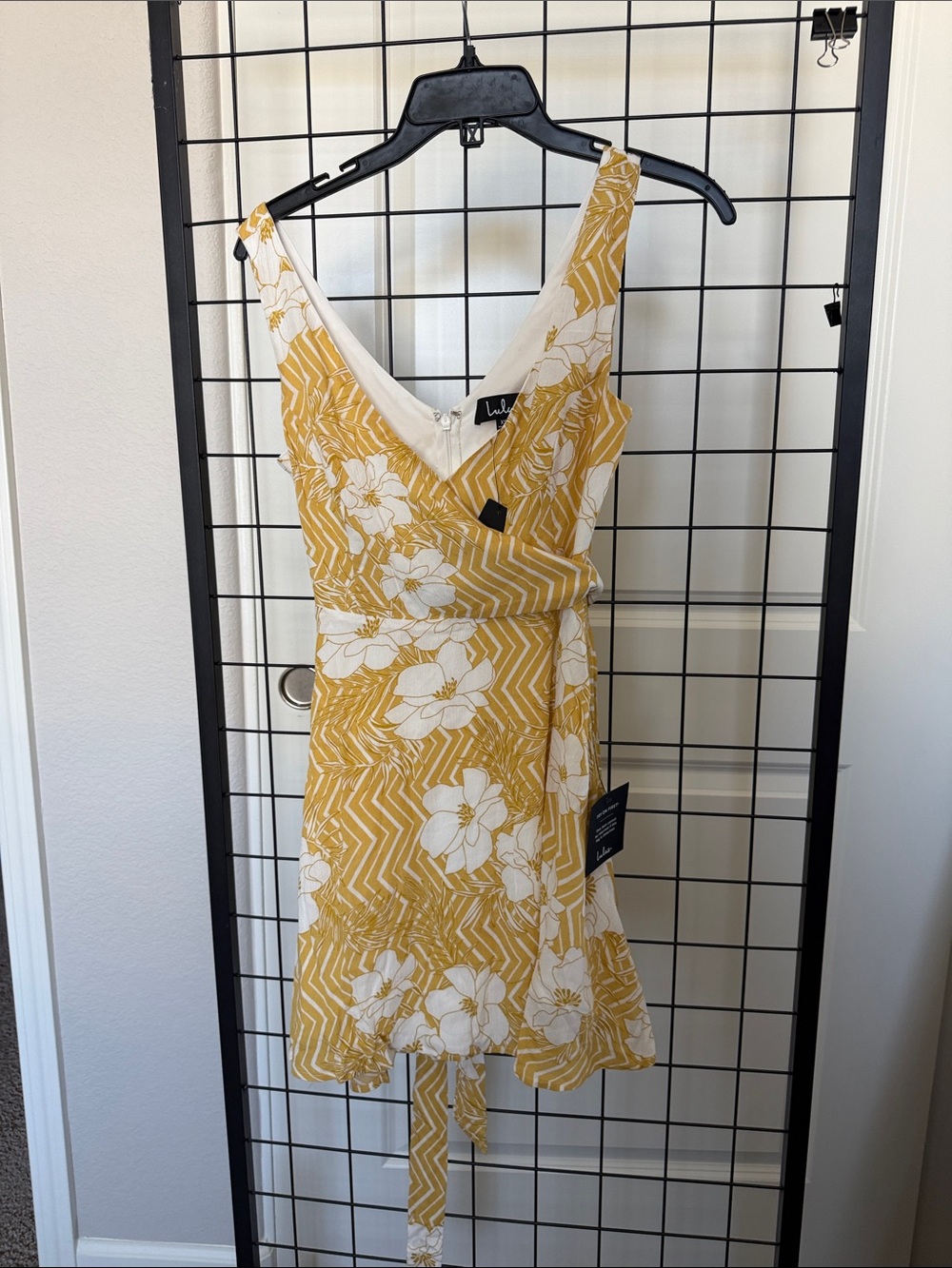 Lulu's Mustard Yellow & White Floral Wrap Mini Dress